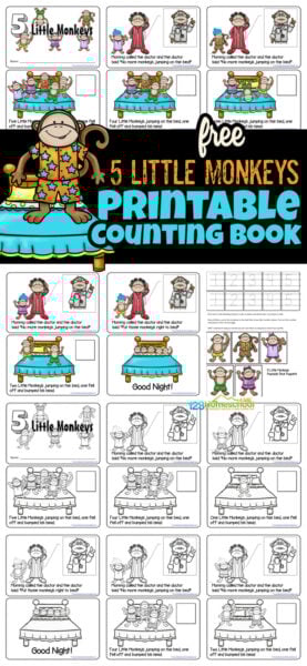 Kids will have fun practicing reading and counting with this super cute 5 little monkeys printable.  This five little monkeys printable book is a fun way for toddler, preschool, pre-k, and kindergartern age children to work on counting to 5 while working on literacy skills at the same time. Simply grab the 5 little monkeys printable pdf free download and print to play and learn with the classic five little monkey rhymes.
