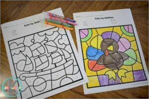 Make practicing addition fun this November for kindergarten and first graders with our Thanksgiving color by number worksheets, where students can solve problems and reveal festive images like pilgrims and pies!