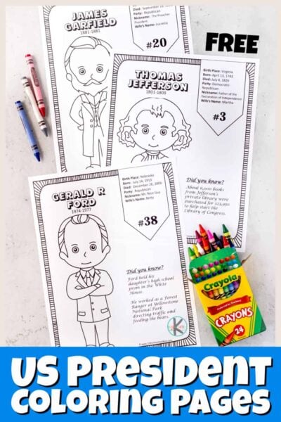 Help kids learn about the united states presidents with these super cute,  president coloring pages. There is a black and white presidents day coloring pages for all the us presidents from George Washington through Joe Biden and everyone in between. Use  presidents coloring pages or as American history coloring pages or as a low prep way to learn about some of the imporantn leaders that shaped our coutnry. Each page of presidents for kids includes a picture to color, key facts, and did you know section. Use these with toddler, preschool, pre-k, kindergarten, and elementary age students in first grade, 2nd grade, 3rd grade, 4th grade, 5th grade, and 6th graders. Simply print pdf file with free printable pictures of presidents.