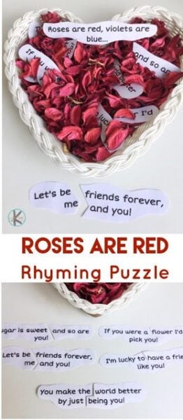 Here is a fun literacy activity that goes with the roses are red poems for kids. This is sush a fun valentines rhymes for kids that turns into puzzles to work on reading skills with a fun rhyming activity for kindergarten, pre-k, and first grade students. This fun valentines day printable is perfect for Febraury.
