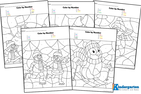 winter color by number free printable with kids ice skating, snowman, penguin skiing, kids sledding, mittens, scarves, and more winter color by number free printable