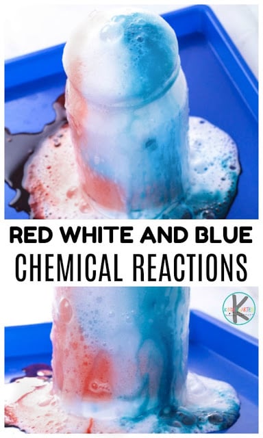 WOW your kids with red white and blue science experiments that allows kids to watch a bubbling, colorful chemical reaction with a fun and easy science experiment for preschoolers, kindergarteners, first graders, 2nd graders, 3rd graders, and fourth grade students. Use this patriotic themed summer science as a fourth of july activity, for Presidents Day or a study of America for kids.