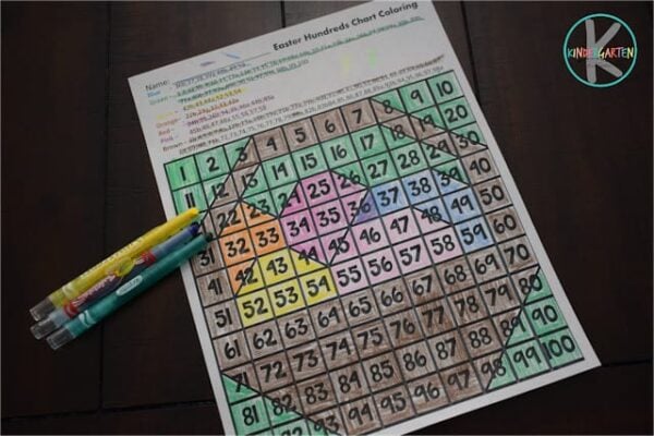 color by hundreds chart with these free printable Easter Worksheets for kidnergartners