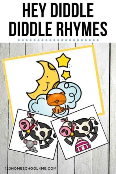 If you’re working on rhyming words with your preschool, pre-k, and kindergarten age child you will love this fun Hey Diddle Diddle Activities that works on litearcy with fun rhyming activities. Simply print the hey diddle diddle printable pack of and you are ready to play this rhyming game for kids.