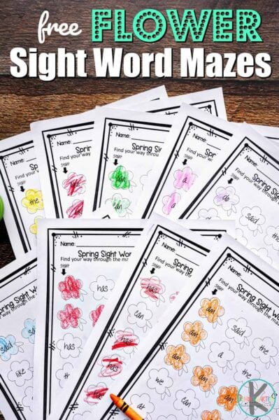 Practice sight words with these fun, sight word maze printables!  These free printable sight word worksheets are an engaging way for preschool, pre-k, kindergarten, and first graders to improve fluency while reading sight words! Children will color all the flowers with the featured sight word to make their way through the maze on these free sight word worksheets. Simply print pdf file with sight word worksheets and you are ready to play and learn with this spring worksheets for kindergarten.