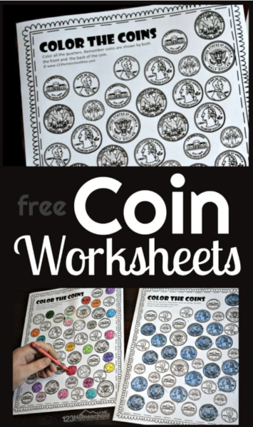 Help children learn American money and work on visual discriminaiton with these free printable coin worksheets. These color by coin worksheet pages help kids learn about money for kids by learning to tell the differences between coins with these fun Money Worksheets. This color by coin activity is perfect for for preschoolers, pre k, kindergartners, and first graders. This is such a fun no prep free math worksheet! Simply print pdf file with coin recognition worksheetsb and you are ready to color and learn!