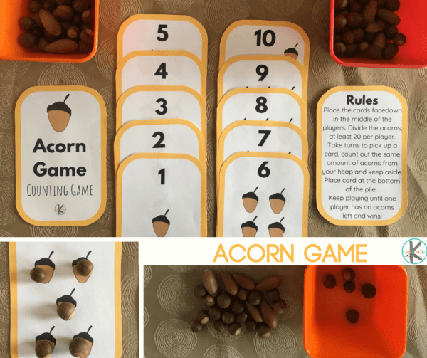 Get ready for fall fun with our free printable acorn counting game, perfect for preschool and kindergarten kids to practice counting skills while enjoying the autumn season!