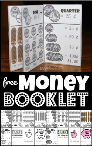Help kids learn what American coins and money looks like and it’s worth with this fun-to-make and handy money booklet. This free printable money printables covers the penny, nickel, dime, quarter, half dollar, and dollar with a visual of how many you need to make 100. This learning money to kids is great math resource for preschool, pre-k, kindergarten, first grade, and 2nd graders. Simply print coins for kids to make learn money for kids fun!