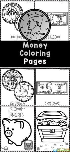 A fun way for children to learn about money is with money coloring pages. These free printable coloring pages for money help toddler, preschool, pre-k, kindergarten, and first graders learn about various American coins, bills, and their value. Plus we have various other money coloring pages print and go! Simply print the money colouring sheets and you are ready to go!