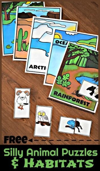 FREE Silly Animal Puzzles & Habitats Activity - this free printable science activity is such a cute, free printable that allows kids to create silly animals, think about what that would meal for survival, and sort them into their appropriate habitats. Such a fun kids activity and homeschool, educational activity for toddler, preschool, kindergarten, first grade, 2nd grade. #habitats #kindergarten #firstgrade