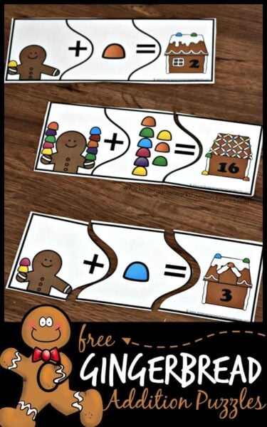 Make practicing addition fun this December with super cute, free printable, gingerbread math activities. These Christmas Math activity uses addition puzzles to help kids practicing adding within 10. These christmas math puzzles makes learning fun for preschool, pre-k, and kindergarten students with a fun gingerbread man theme! Simply print gingerbread printables pdf file and enjoy a hands-on christmas activity for kindergarten.
