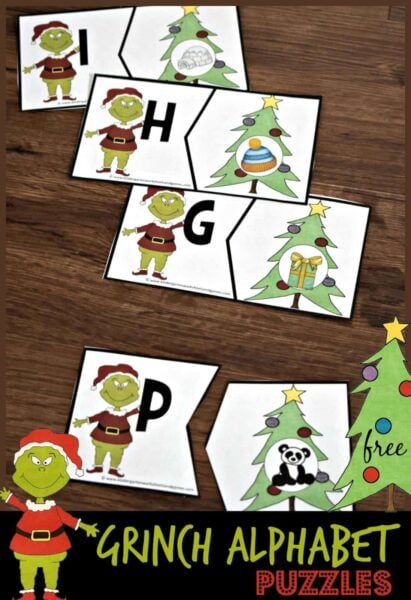 These super cute, free Grinch printables are a great way to sneak in some learning fun during the holiday season in December. Preschool, pre-k, kindergarten, and first grade students will have fun working on beginning sounds with these Christmas printables. And because these are reusable, engaging puzzles - they are way more fun that the grinch worksheets. Simply print pdf file with Grinch Alphabet Game and you are ready to work on identifying the sounds letters make with a Grinch Themed activity.