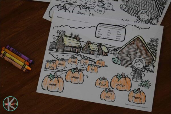 Engage kindergarten students in fun fall-themed learning with adorable Thanksgiving sight word coloring sheets that require no prep—just download, print, and enjoy!