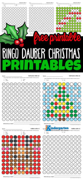 Kids will have fun practicing Christmas math with these super cute bingo dauber christmas printables! These christmas bingo dauber printables work on simple addition and subtraction. This pack includes christmas addition worksheets for kindergarten and first grade plus christmas subtraction worksheets for a fun way for students to practice adding within 10, adding within 20, subtracting within 10, and subtraction within 20 while having holiday fun revealing mystery pictures this December. Simply download and print the free Christmas Math Worksheets to practice at home or in the classroom. Kids will have fun practicing Christmas math with these super cute bingo dauber christmas printables! These christmas bingo dauber printables work on simple addition and subtraction. This pack includes christmas addition worksheets for kindergarten and first grade plus christmas subtraction worksheets for a fun way for students to practice adding within 10, adding within 20, subtracting within 10, and subtraction within 20 while having holiday fun revealing mystery pictures this December. Simply download and print the free Christmas Math Worksheets to practice at home or in the classroom.