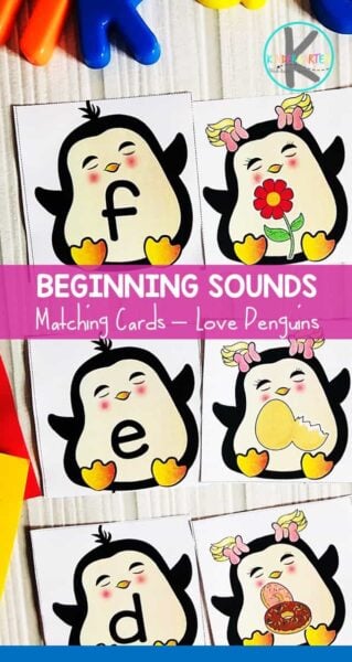 Help kids practice identifying beginning sounds with this super cute, penguin themed beginning sounds picture cards. Pre-k and kindergarte age children will love matching the cute penguins with alphabet letters and the happy penguins with a picture of something with the same initial sound. This phonemic awareness activity is perfect for January and February for a winter theme or a valentines day themed. THis is such a fun way to reinforce letter sounds. Simply print penguin printables and you are ready for this fun litearcy activity for kindergarten. 