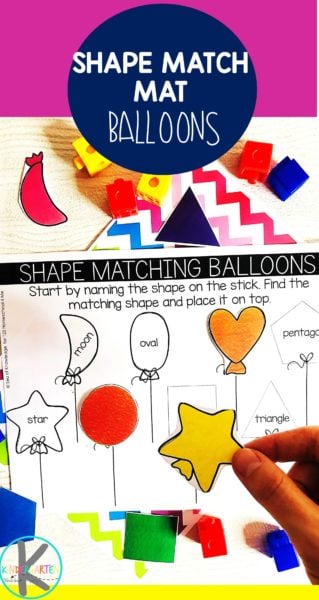 Kids will have fun working on shape recognition with these matching shapes worksheets. This free printable shape worksheets for kindergarten, preschool, and pre-k is a low prep, hands-on math activity with a fun balloon theme.  Simply print pdf file with free printable matching shapes worksheets and have fun playing and learning with this shape activity for kindergarten.