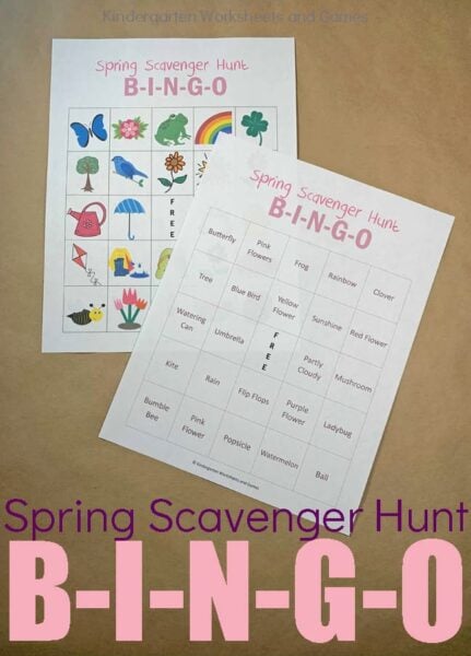 This scavenger hunt BINGO is a fun way for  kids to celebrate spring with a spring themed outdoor bingo scavenger hunt.  In this spring scavenger hunt kids will look for common spring items like butterflies, frogs, flowers, umbrellas, kites, and more while having fun with a spring activity for kids. Simply print pdf file with spring scavenger hunt printable and you are ready to play!