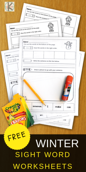 Grab these sight words worksheets for fun improving reading skills with pre-k, kindergarten, and first grade students using FREE winter printables. Low prep and engaging. Who knew that reading and using sight words could be so much fun using cut and paste activities. Simple print pdf file with kindergarten sight words printables and you are ready for a no prep, educational winter activity with super cute clipart.