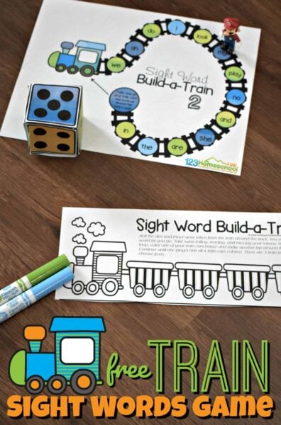 Looking for a fun way to practice sight words? Sight word train is a fun, free printable sight word game for preschool, pre-k, kindergarten, and first graders. SImply print onf of the sight word games for kindergarten boards to have fun improving fluency with dolch sight words.  Simply print pdf file with free sight word games and you are ready to play learn. 