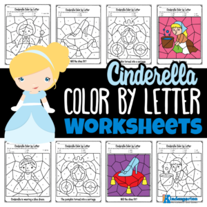 Color by letter to reveal hidden images of Cinderella and other characters with these free worksheets for preschool and kindergarten students. These are perfect for parents and teachers helping kids strengthen letter recognition and fine motor skills!.