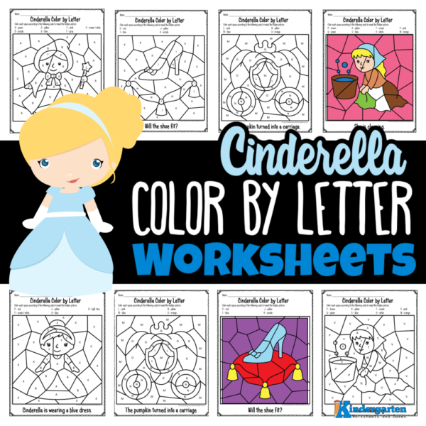 Color by letter to reveal hidden images of Cinderella and other characters with these free worksheets for preschool and kindergarten students. These are perfect for parents and teachers helping kids strengthen letter recognition and fine motor skills!.