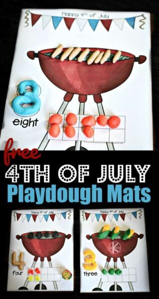 Looking for a fun independence day activity for kids of all ages? This 4th of July activity uses playdoh mats to help kids practice counting to 10 on a ten frame, make numerals, and learn number word too. Simply print the 4th of july printable and grab some playdough to form some hot dogs, corn on the cob, or hamburgers on the grill. The 4th of July worksheets are great for helping toddler, preschool, pre-k, and kindergarten age chidlren   visualize how many hot dogs, hamburgers, and corn on the cobs are on the grill.