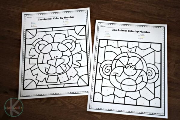 free zoo animals color by number worksheets for kindergarten