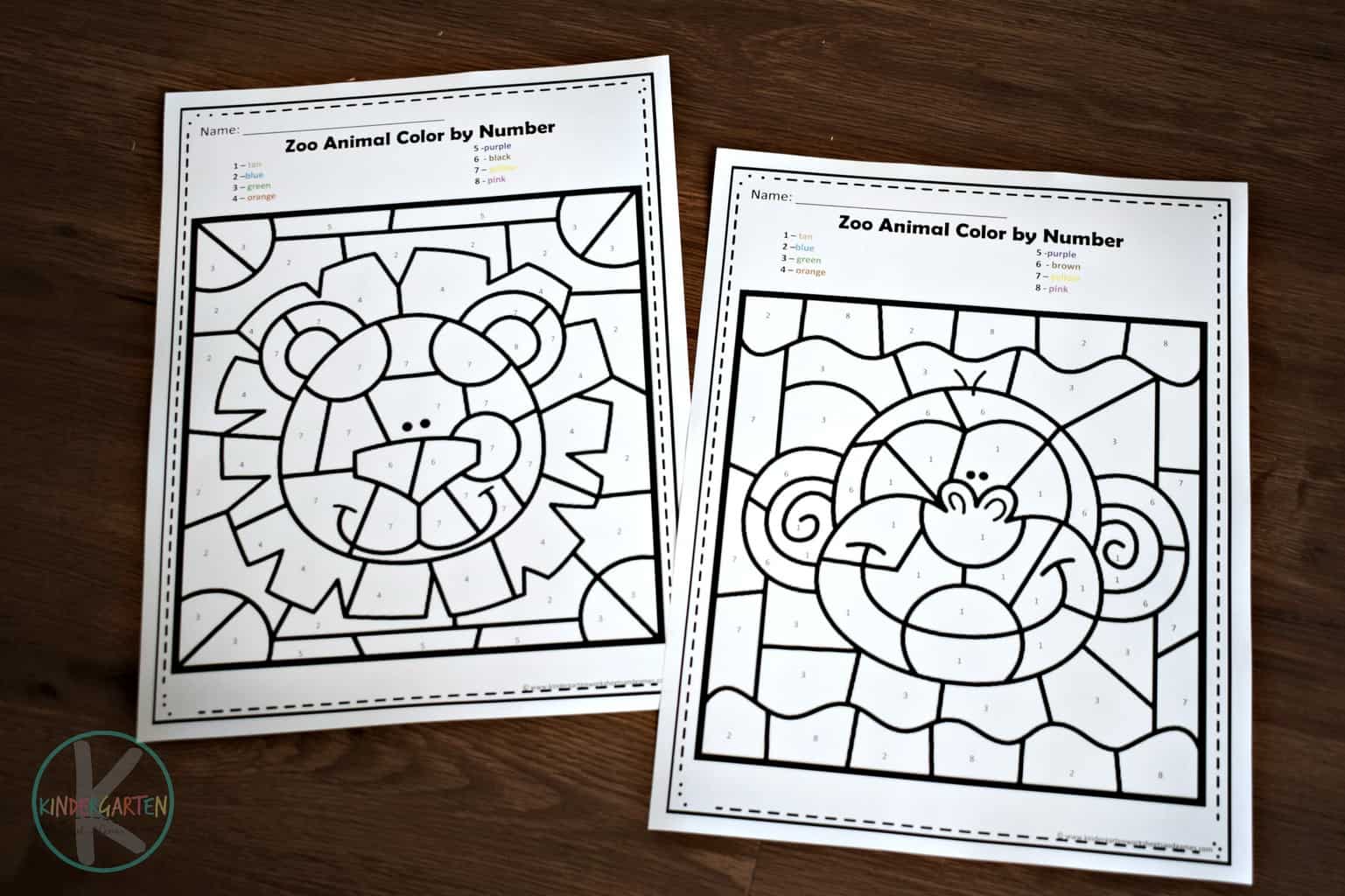 FREE Zoo Animals Color by Number Worksheets for Kindergarten