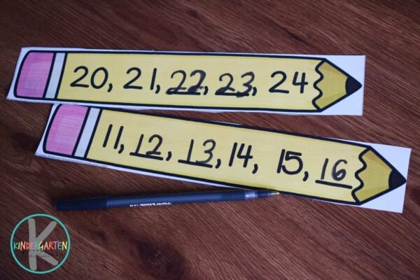 Students will fill in the missing numbers on the pencil strips in this first day of school math activity for kindergartners