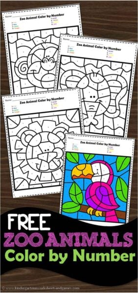 free zoo animals color by number worksheets for kindergarten