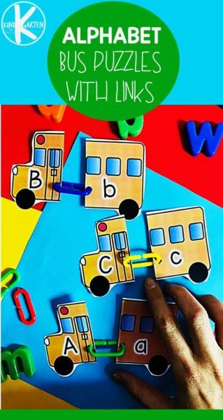 FREE School Bus Alphabet Activity - fun way for prek and kindergarten age kids to practice matching upper and lowercase letters with a fun back to school theme #backtoschool #kindergarten #alphabet