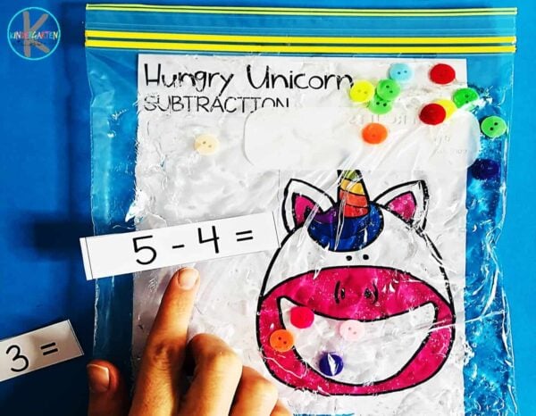 Unicorn themed Subtraction Game for kindergarten and first grade students