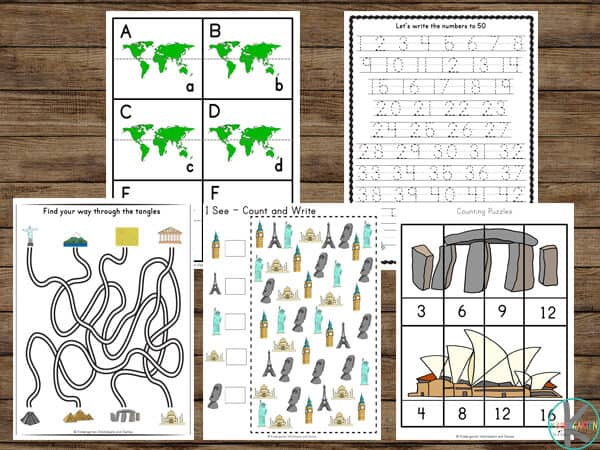 World Landmarks for Kids is a fun workshete for preschoolers an dkindergartners to learn alphabet and numbers 