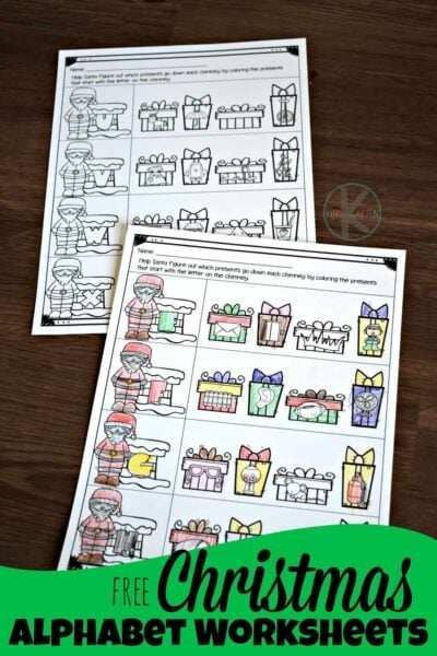 Kids will have fun identifying alphabet sounds with these super cute, Christmas Alphabet Worksheets kindergarten, pre-k, and first grade students. These Christmas alphabet worksheets for kindergarten are a great way to keep kids engaged while working on beginning sounds or initial sounds of words. Simply print pdf file with Christmas worksheets to make learning fun during the holiday season this December!