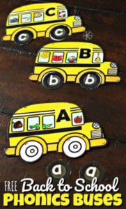 These adorable yellow school bus printables are a fun way for preschool, pre k, kindergarten, and first grade students to work on Learning Alphabet Sounds. Use this back to school printable to introduce children to phonics as they learn the beginning sounds words make while practicing matching upper and lowercase letters too.
