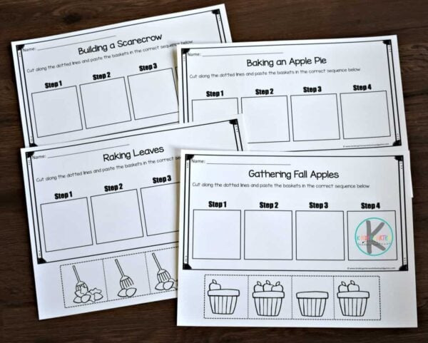 sequence for kids activity to help kindergarten, first grade, and 2nd grade kids to put items in order