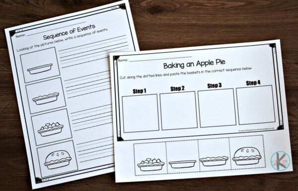 several different sequencing activities for kindergartners such as building an apple pie, raking leaves, making a scarecrow, and gathering apples