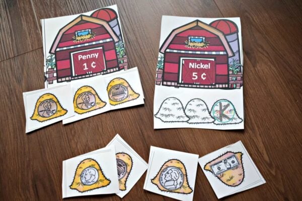 fun, hands on money activity for preschool, prek, kindergarten, and first grade students with a farm theme