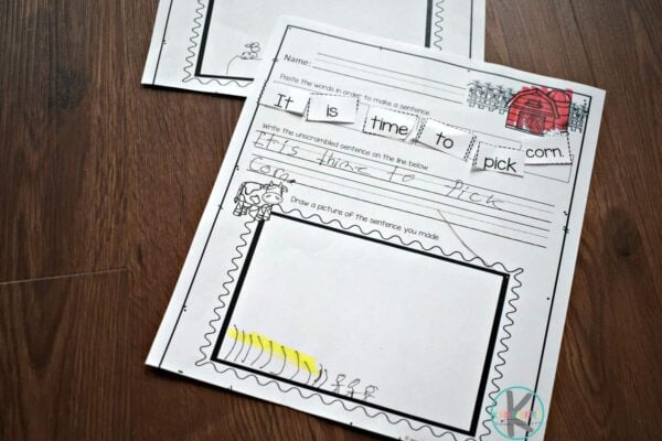 free printable sentence worksheets for kindergartners on life on the farm