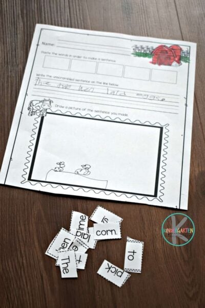 fun cut and paste worksheets for kinders to practice building sentences about the farm and farm animals