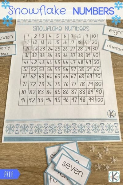 Do you have a child that needs to practice number recognition, number words, or counting to 100? This super cute, free printable snowflake numbers is such a fun winter math game for kindergarten and first grade students.  This is a fun math activity for winter for developing number sense or using a 100 chart. Simply print winter printables and you are ready for an engaging, math activity for winter.