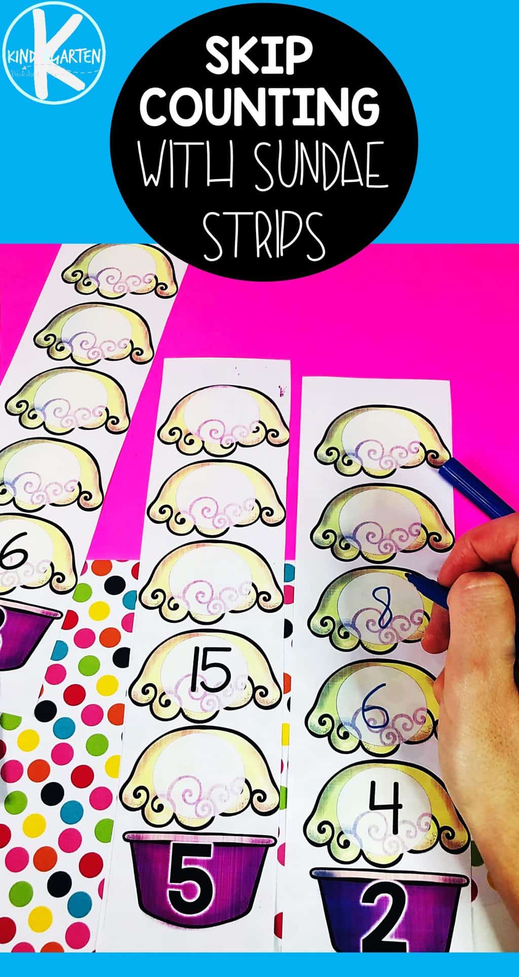 Kids will have fun practicing counting by 2, 3, 5, and 6 with this free skip counting printable with a fun Ice Cream Sundae theme for summer! This skip counting activities for kindergarten, first grade, and 2nd graders is great for reinforcing how we can count by groups for engaging summer math. This skip counting activity is perfect for summer learning! Simply download pdf file with ice cream printables and you are ready to play and learn with summer activity for kindergarten.