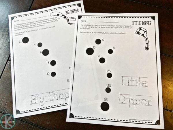 free constellation or star themd Skip Counting Worksheets for kindergarten, first grade, 2nd grade students