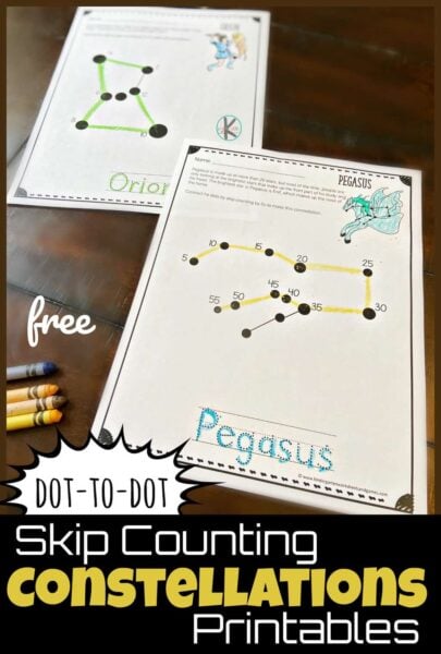 I love educational activities that combine two skills in one! These Constellations Printables not only help teach constellations for kids, but help kids practice counting by 2s, counting by 5s, and counting by 10s too! These skip counting worksheets are a free printable kindergarten math worksheets where pre-k, kindergarten, and first graders will skip count by 2, skip count by 5, and skip count by 10 as well as learn about 6 common constellations. Simply download pdf file with dot to dot printables and you are ready to play and learn!