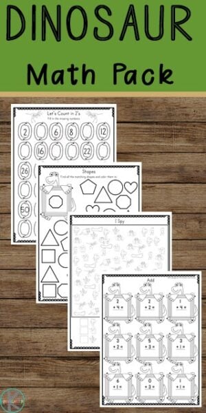 Make learning kindergarten math fun with prehistoric, Dinosaur Math! These free printable Dinosaur math worksheets are a great way for preschool, pre k, and kindergarten age children to practice and improve their knowledge of the numbers and simple math equations.  Simply print the black and white dinosaur worksheets and you are ready for a fun dinosaur themed activity for kindergartners!
