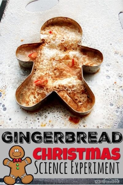 You know what? It’s amazing how much more fun and magic Christmas can add to things that may be seen as normal or everyday. We’ve been doing baking soda and vinegar reactions for years. YEARS. They are fun but when we added a little festive flair, my daughter was wide eyed like she had never seen it before! Needless to say, this Fizzy Gingerbread Man Christmas Science Experiment was a huge hit! Children from toddler, preschool, pre-k, kindergarten, to first grade students will enjoy this Christmas Science Activities perfect for making learning fun in December.