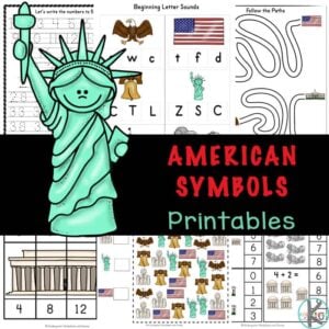 Introduce children to american symbols for kids with this HUGE pack of math and litearcy skills for preschool, pre-k, kindergarten, and first grade students.  Included in these Kindergarten Activity Sheets are twelve different patriotic symbols such as the White House, the Statue of Liberty and the Washington Monument in Washington DC. Simply download pdf file with American symbol worksheets and you are ready to play and learn!
