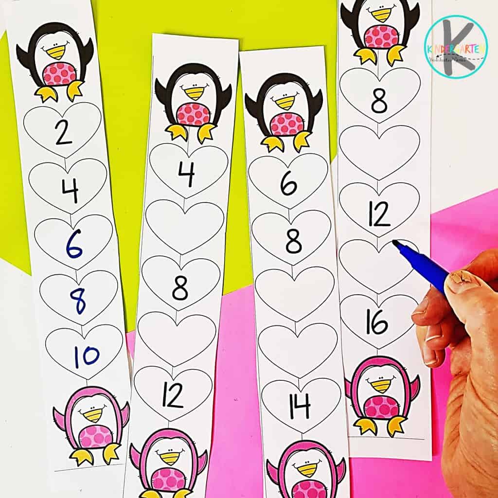 free penguin skip counting number strips activity for valentines day