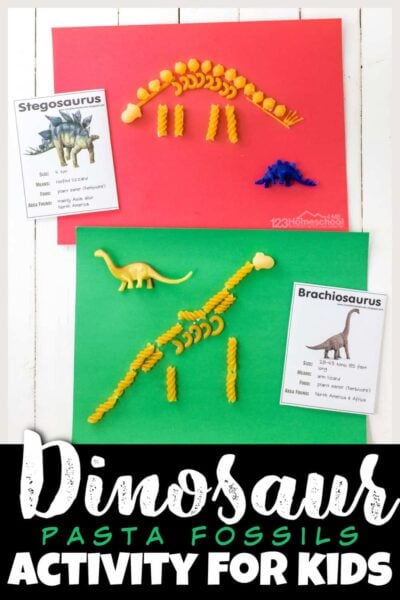 Make prehistoric dinosaurs come alive with this dinosaur fossils for kids activity! Toddler, preschool, pre-k, kindergarten, first grade and 2nd graders will have fun making fossils out of pasta using these free dinosaur fossil printables. Simply print pdf file with dinosaur printables and you are ready to play and learn about dinosaurs with this fossils for kids project.