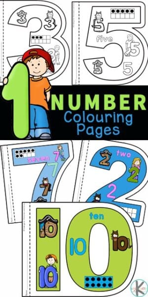 Children are going to love these unique, Number Coloring Pages. There is a numbers 1-10 worksheets for each number for toddlers, preschool, pre-k, and kindergarten children to not only colour, but work on kindergarten number sense. Children will learn how numerals can be represented as number words, dots on a ten frame, and more! Simply print pdf file with number worksheets 1-10 and cut out for a really cool number book where the pages have the number shape! These number sense worksheets are a great way to introduce numbers 1 to 10!